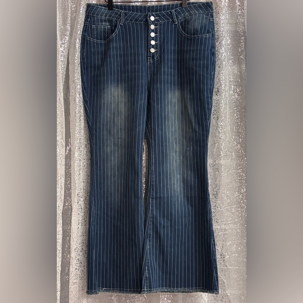 Wax Jean Women's Blue Pinstripe Boot Cut Jeans